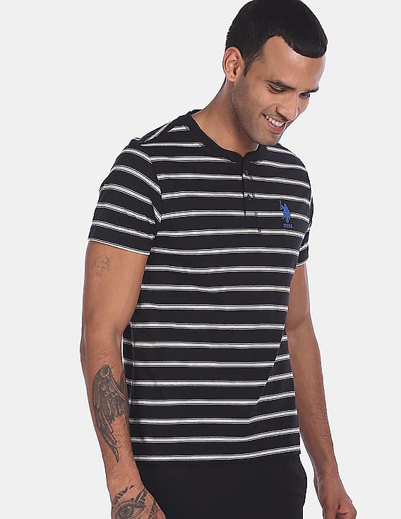 Black USPA MEN HALF SLEEVES STRIPED T-SHIRT