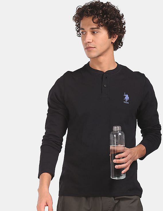 Black USPA MEN FULL SLEEVES SOLID HENLEY NECK T-SHIRT