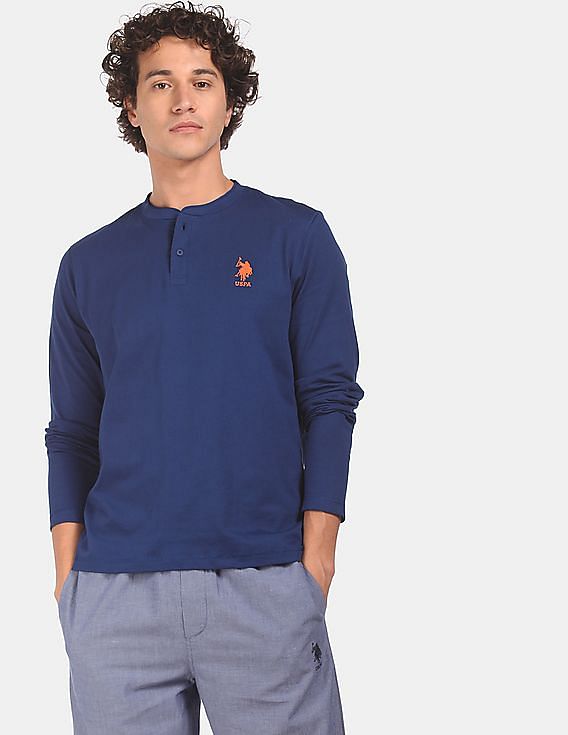 Blue USPA MEN FULL SLEEVES SOLID HENLEY NECK T-SHIRT