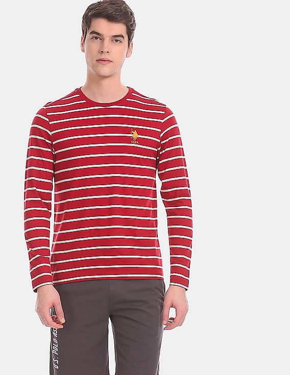 Red USPA MEN FULL SLEEVES STRIPED T-SHIRT