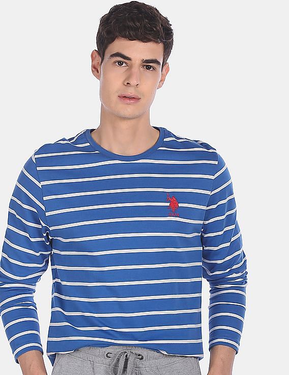 Blue USPA MEN FULL SLEEVES STRIPED T-SHIRT