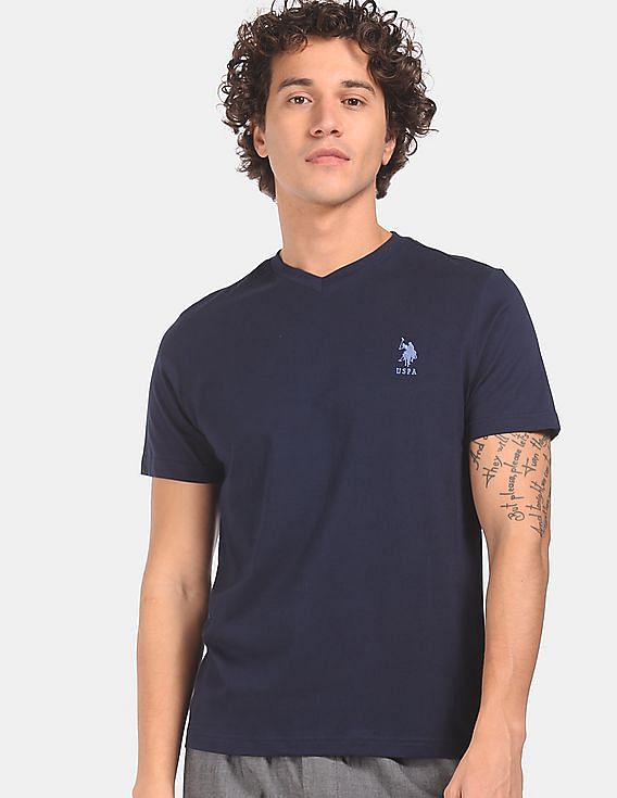 Navy USPA MEN HALF SLEEVES V NECK T-SHIRT