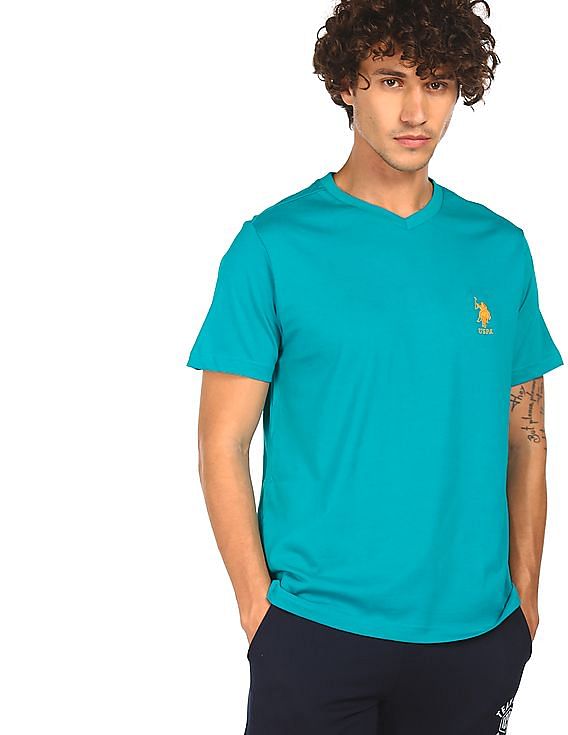 Sea Green USPA MEN HALF SLEEVES V NECK T-SHIRT