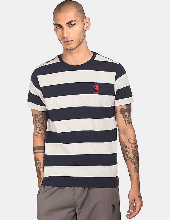 Grey USPA MEN HALF SLEEVES STRIPED T-SHIRT