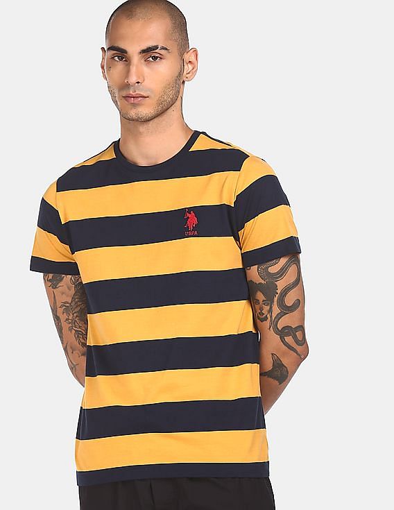 Yellow USPA MEN HALF SLEEVES STRIPED T-SHIRT