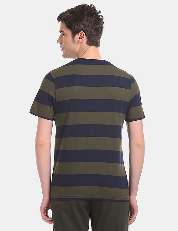 Olive USPA MEN HALF SLEEVES STRIPED T-SHIRT