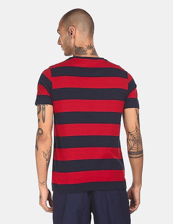 Red USPA MEN HALF SLEEVES STRIPED T-SHIRT