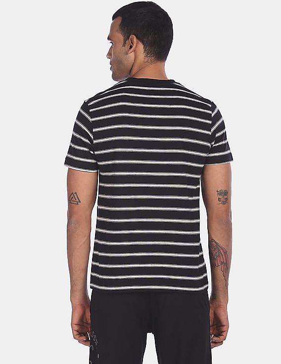 Black USPA MEN HALF SLEEVES STRIPED T-SHIRT