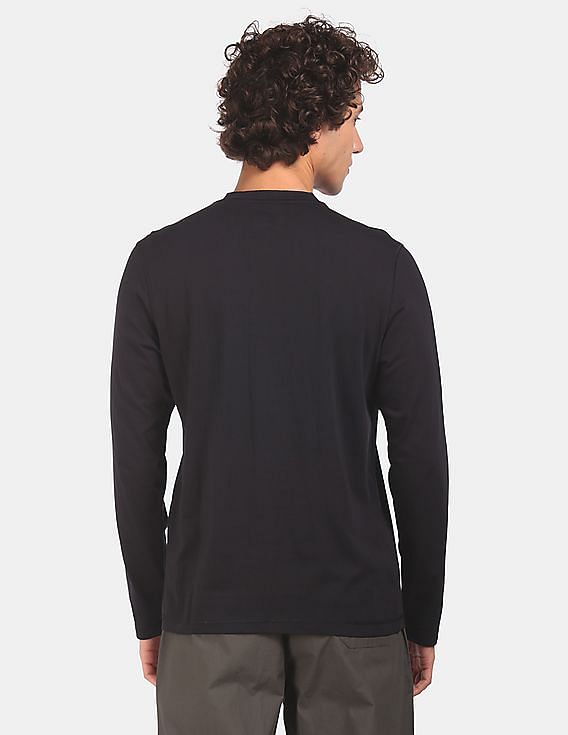 Black USPA MEN FULL SLEEVES SOLID HENLEY NECK T-SHIRT