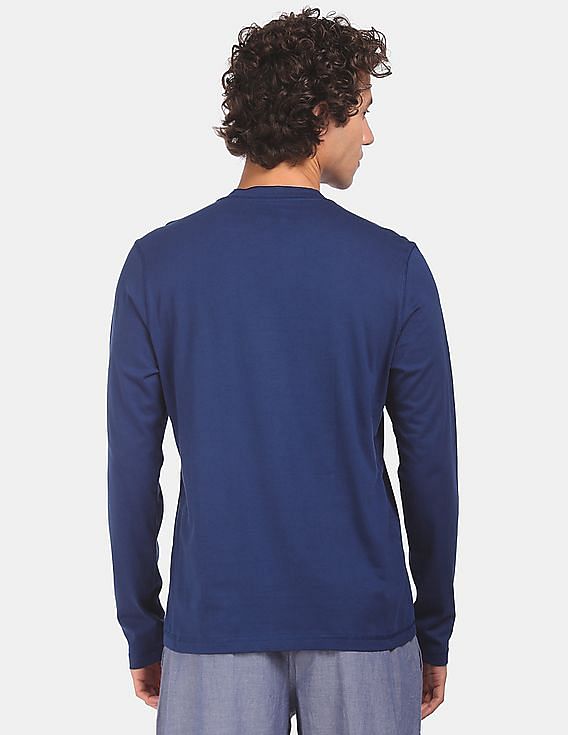 Blue USPA MEN FULL SLEEVES SOLID HENLEY NECK T-SHIRT