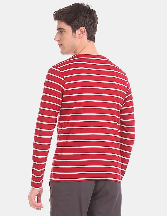 Red USPA MEN FULL SLEEVES STRIPED T-SHIRT