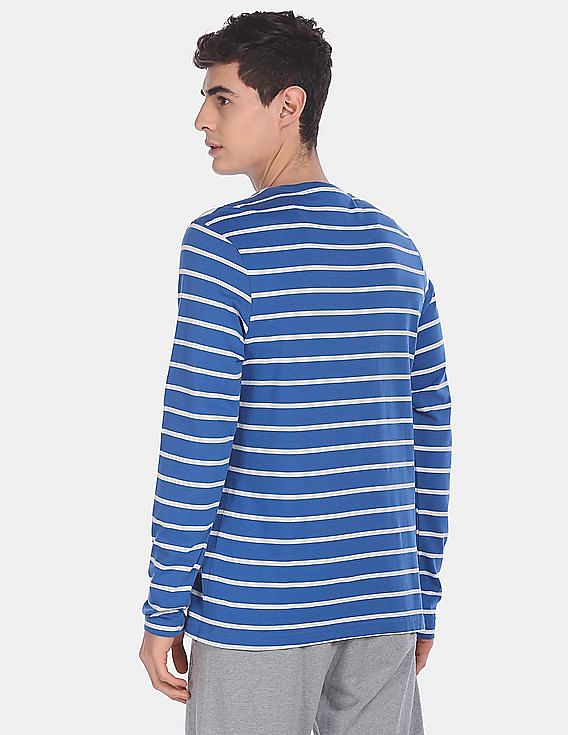 Blue USPA MEN FULL SLEEVES STRIPED T-SHIRT