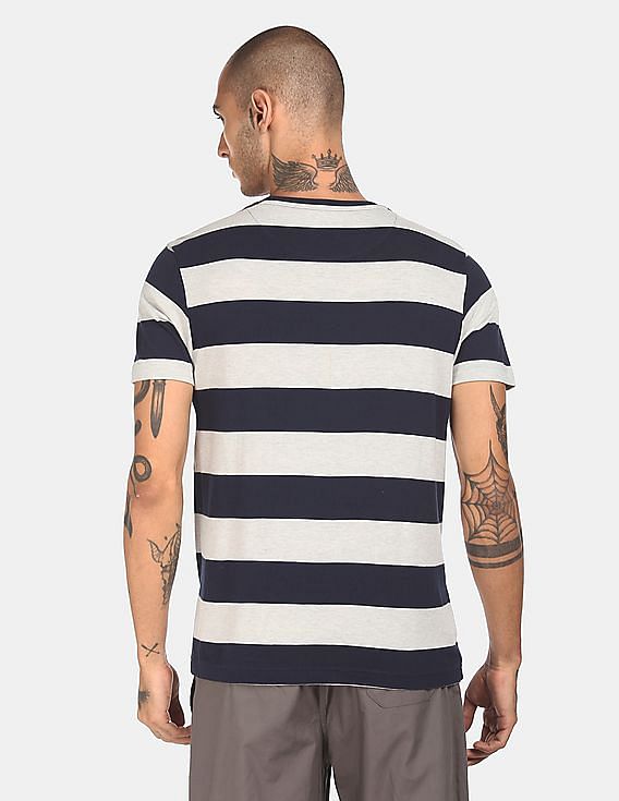 Grey USPA MEN HALF SLEEVES STRIPED T-SHIRT