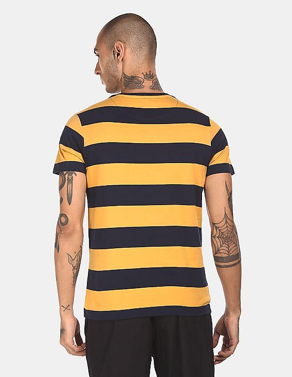 Yellow USPA MEN HALF SLEEVES STRIPED T-SHIRT