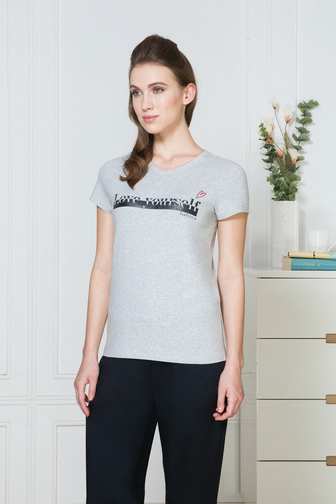 GREY MELANGE VAN HEUSEN WOMEN's PRINTED V NECK TEE