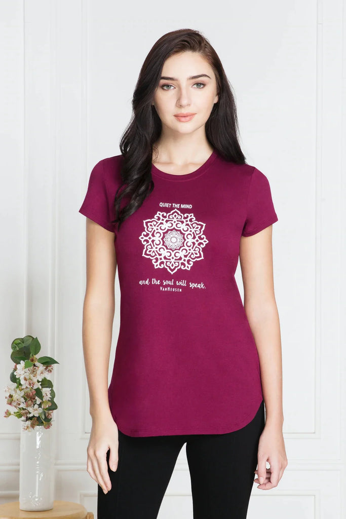 BURGUNDY VAN HEUSEN WOMEN's PERFECT PRINTED LONG TEE 