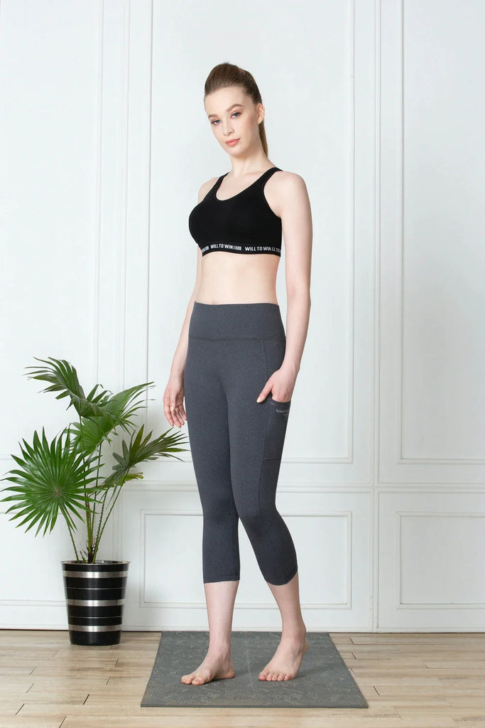 Women's Polyester Spandex Black Capri-CHARCOAL