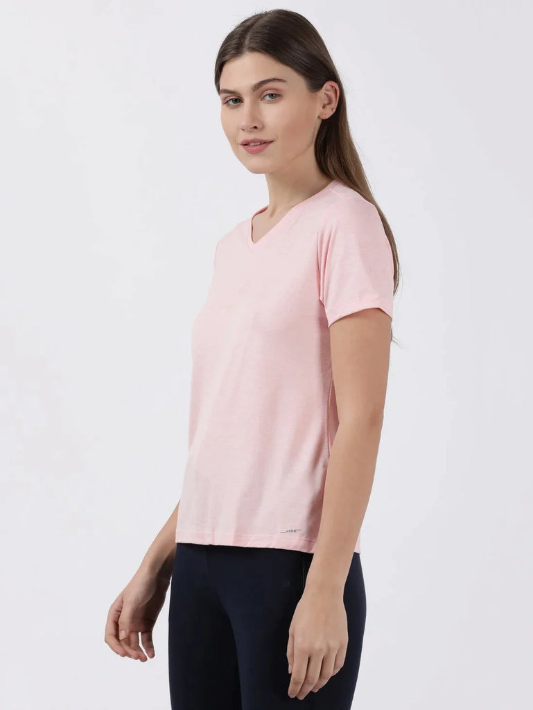 Almond Blossom JOCKEY Women's Relaxed Fit Solid V Neck Half Sleeve T-Shirt