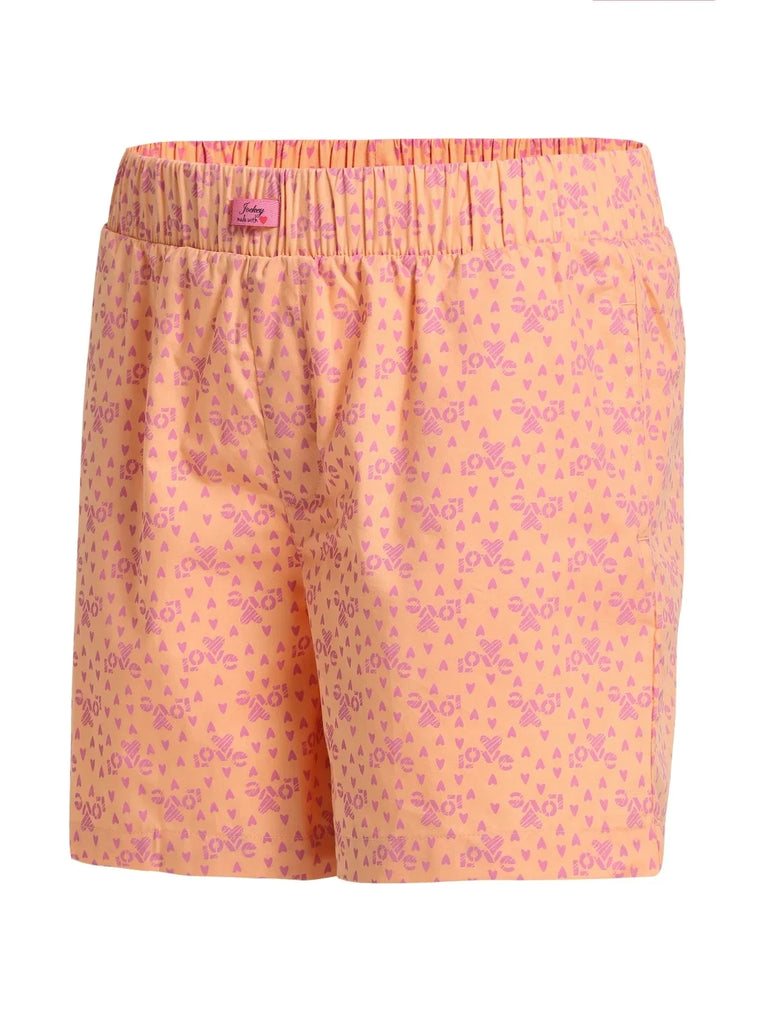 Orange JOKCEY Girl's Super Combed Cotton Woven Relaxed Fit Printed Shorts