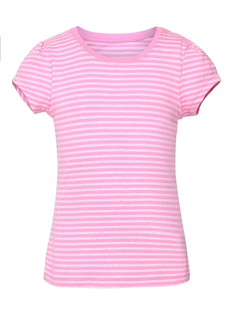 Aurora Pink & Pink lady Melange Jockey Girl's Striped Short Sleeve T-Shirt