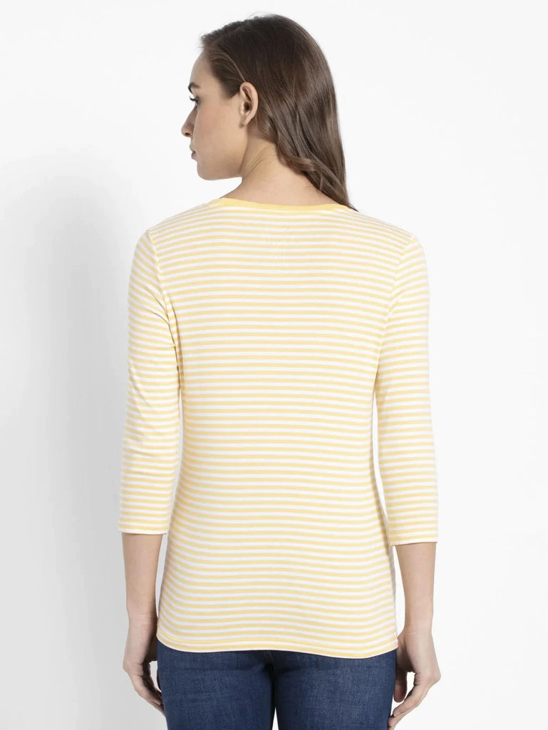 Banana Cream & White JOCKEY Women's Striped Round Neck Three Quarter Sleeve T-Shirt