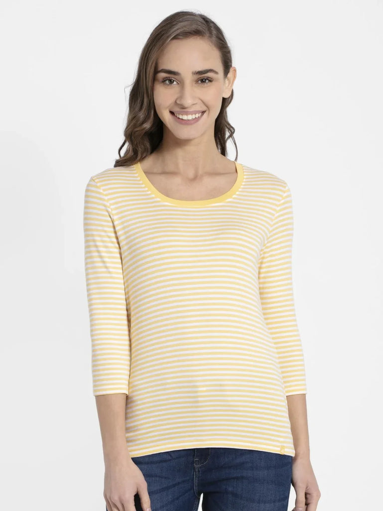 Banana Cream & White JOCKEY Women's Striped Round Neck Three Quarter Sleeve T-Shirt