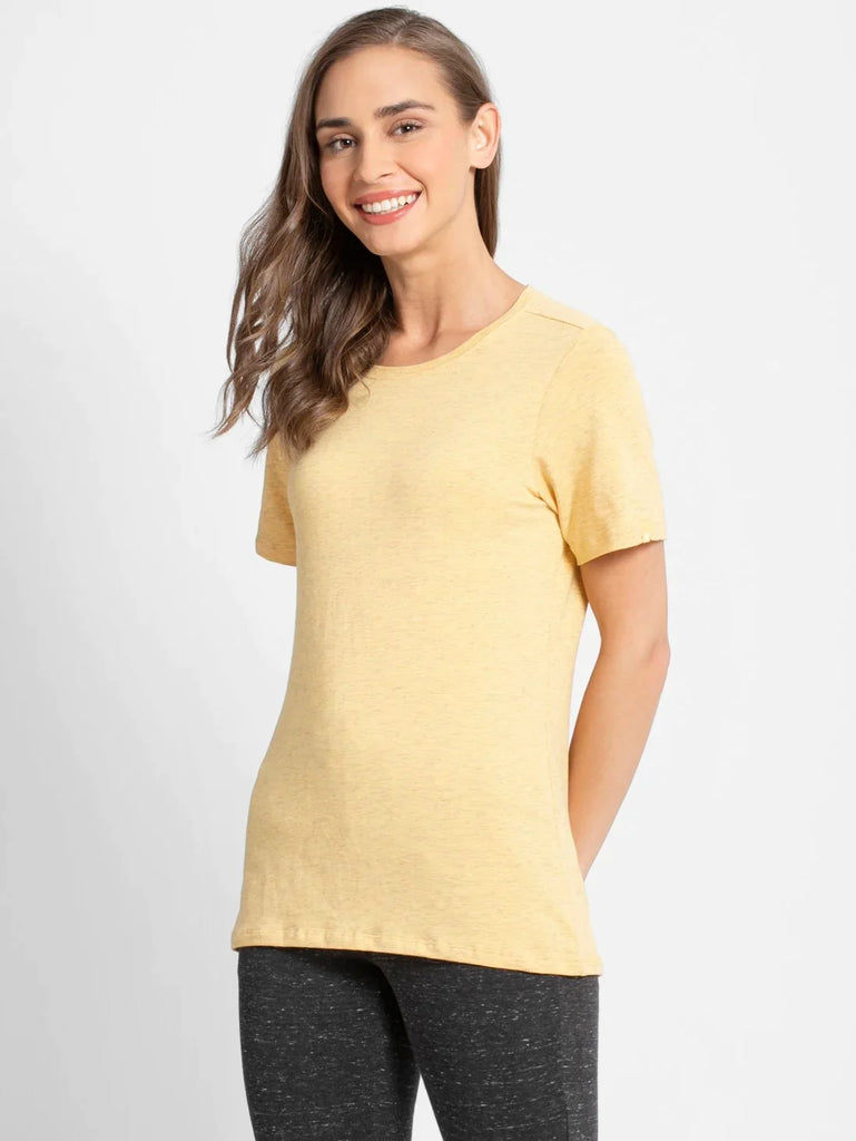 Banana Cream Snow Melange JOCKEY Women's Regular Fit Solid Round Neck Half Sleeve T-Shirt