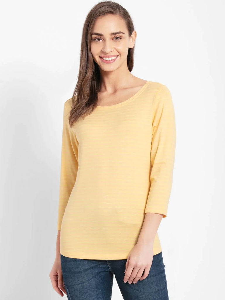 Banana Cream JOCKEY Women's Yarn Dyed Striped Round Neck 3/4th Sleeve T-Shirt