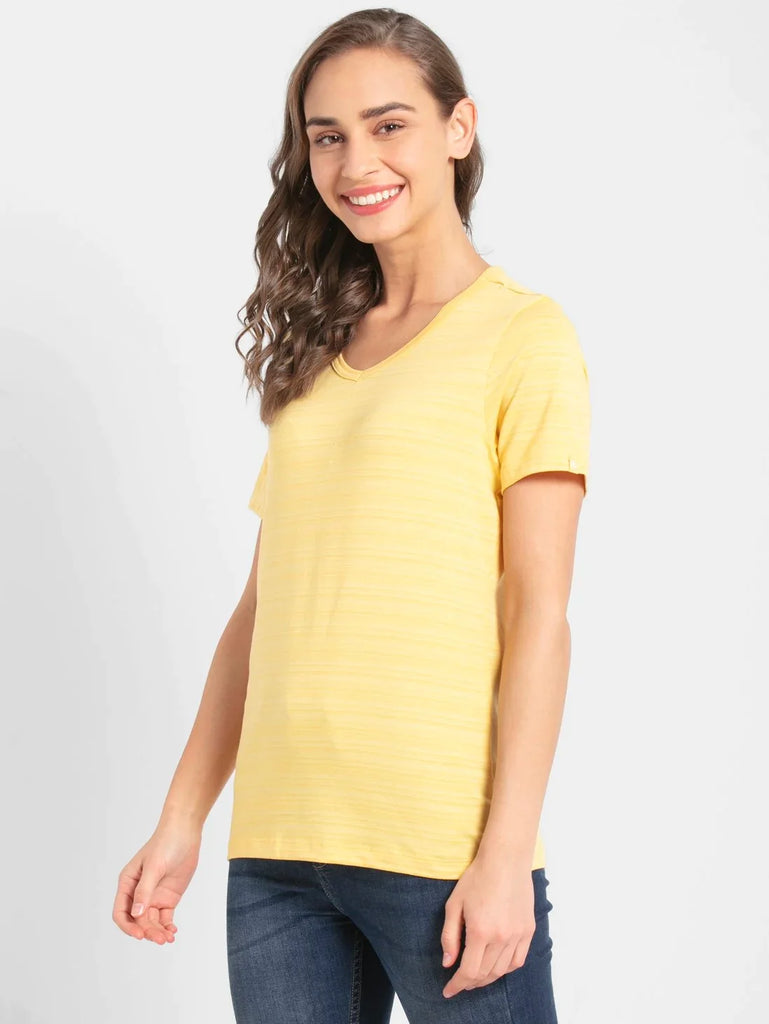 Banana Cream JOCKEY Women's Regular Fit Striped V Neck Half Sleeve T-Shirt