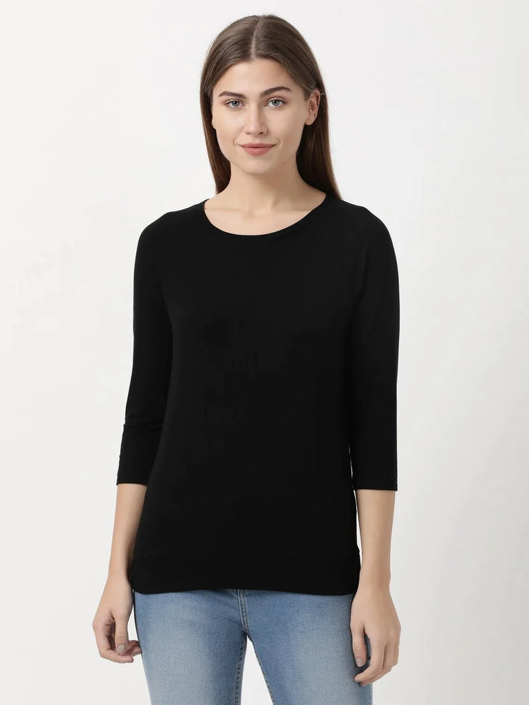 Black JOCKEY Women's Regular Solid Round Neck 3/4th Sleeve T-Shirt