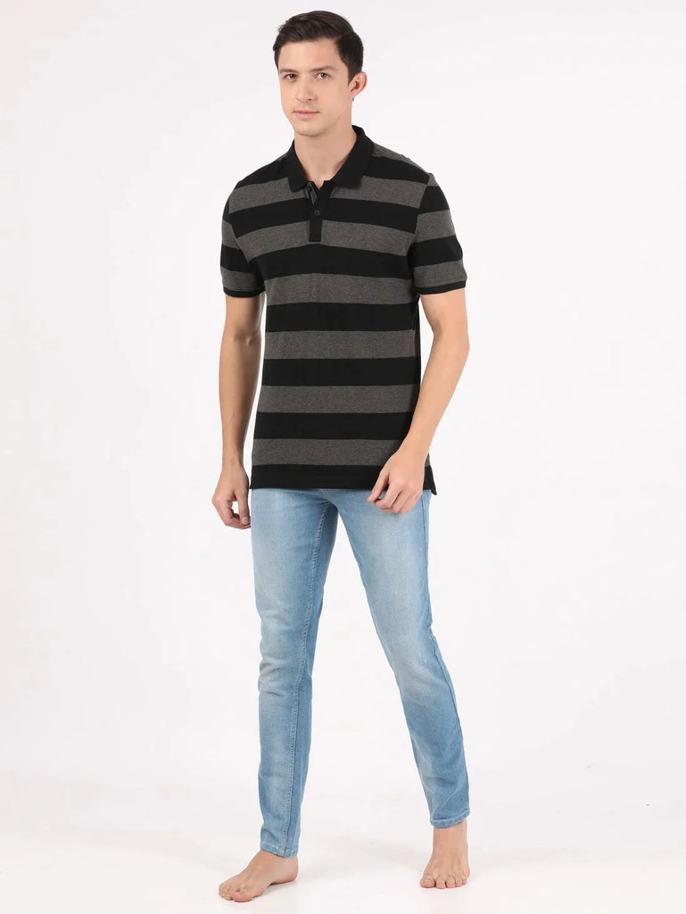 Black & Charcoal Melange JOCKEY Men's Striped Polo T-Shirt