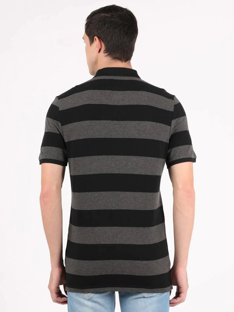 Black & Charcoal Melange JOCKEY Men's Striped Polo T-Shirt