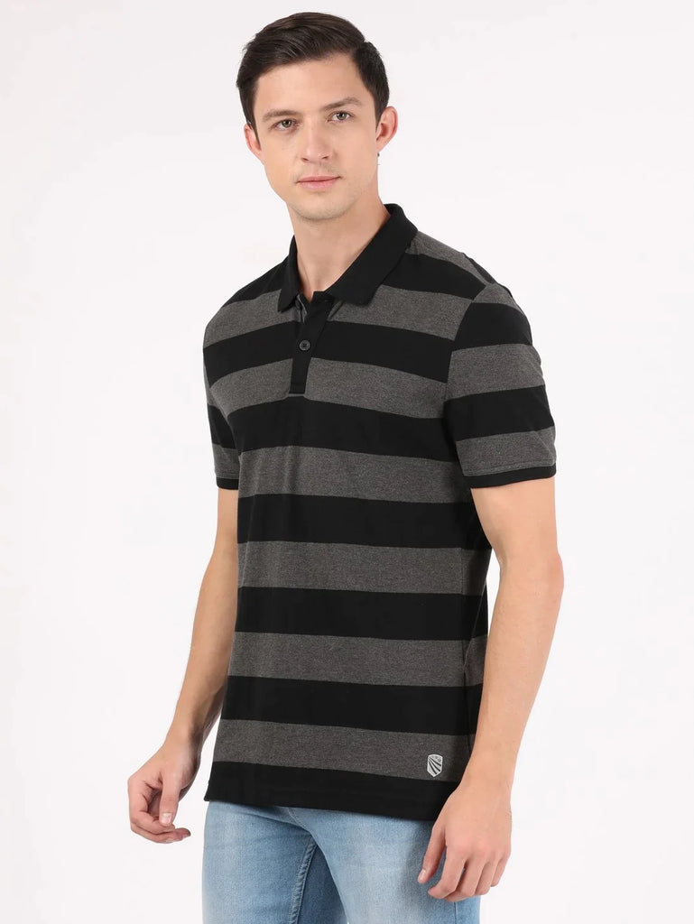 Black & Charcoal Melange JOCKEY Men's Striped Polo T-Shirt