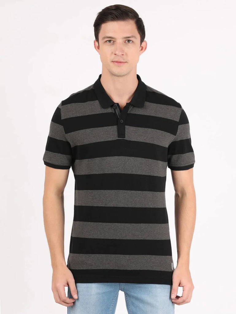 Black & Charcoal Melange JOCKEY Men's Striped Polo T-Shirt