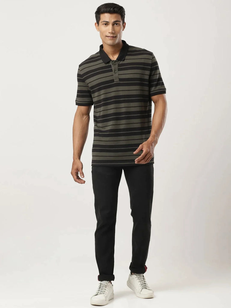 Black & Deep Olive JOCKEY Men's Striped Polo T-Shirt