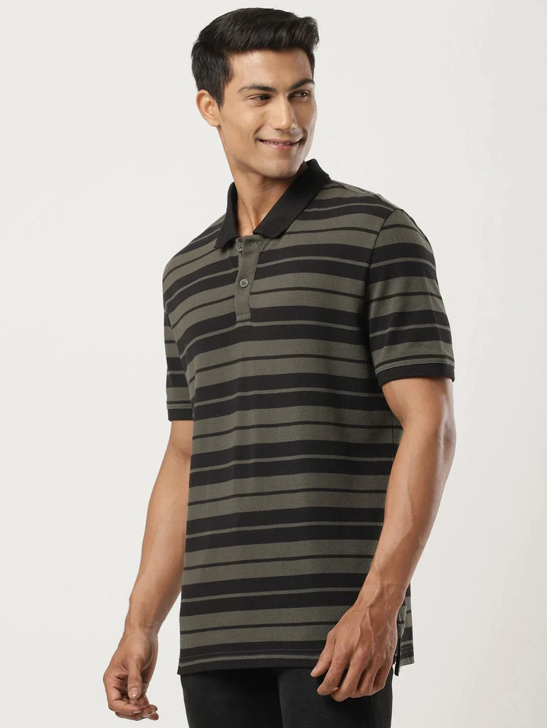 Black & Deep Olive JOCKEY Men's Striped Polo T-Shirt