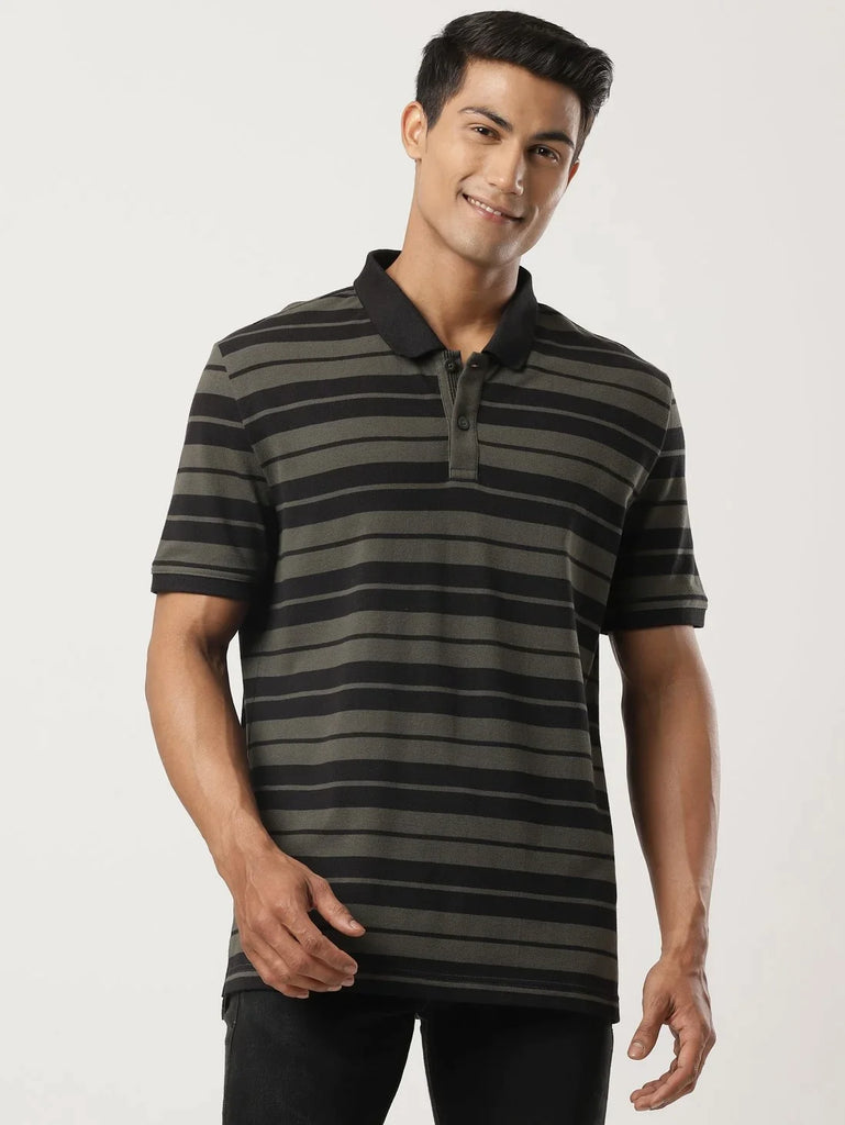 Black & Deep Olive JOCKEY Men's Striped Polo T-Shirt