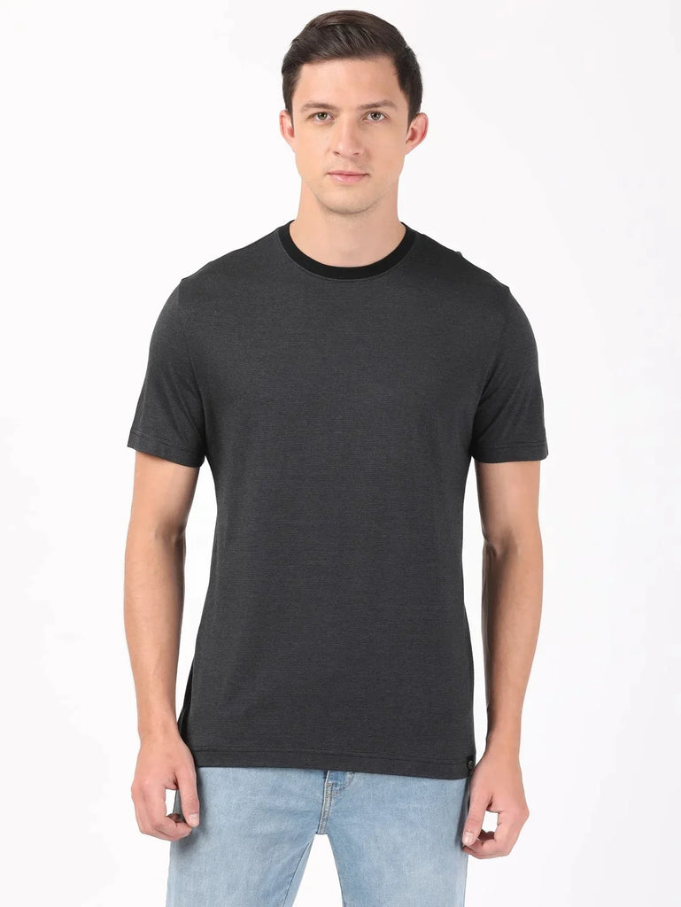 Black & Graphite JOCKEY Men's Striped Round Neck Half Sleeve T-Shirt