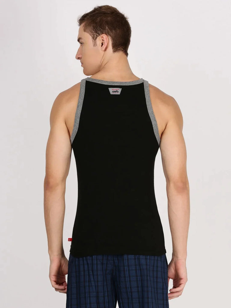 Black & Mid grey Melange Jockey Cotton Rib Square Neckline Gym Vest for Men