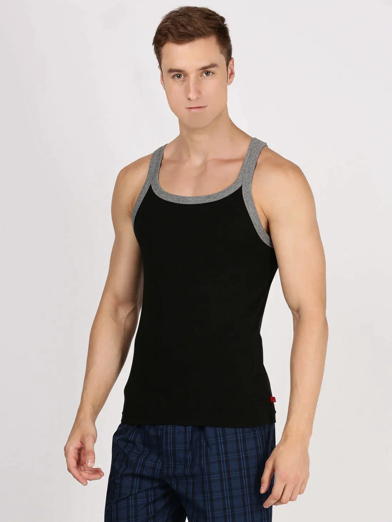 Black & Mid grey Melange Jockey Cotton Rib Square Neckline Gym Vest for Men