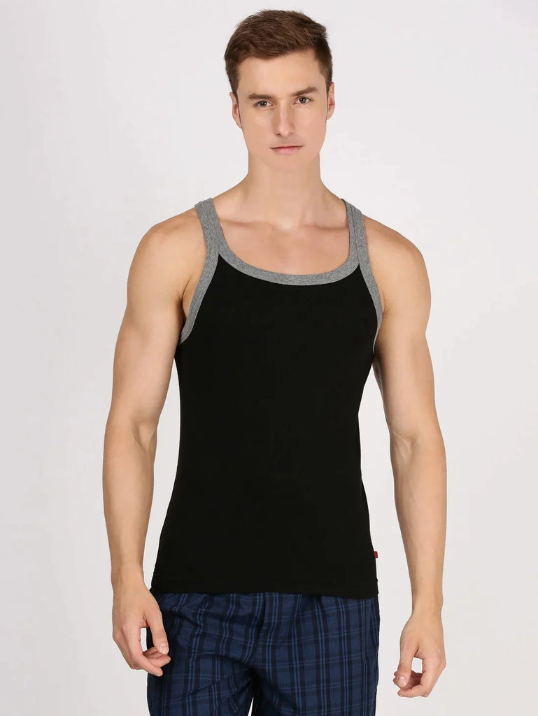 Black & Mid grey Melange Jockey Cotton Rib Square Neckline Gym Vest for Men