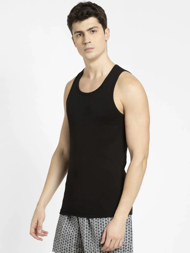 Black & Neon Blue Jockey Cotton Rib Round Neck Sleeveless Vest for Men