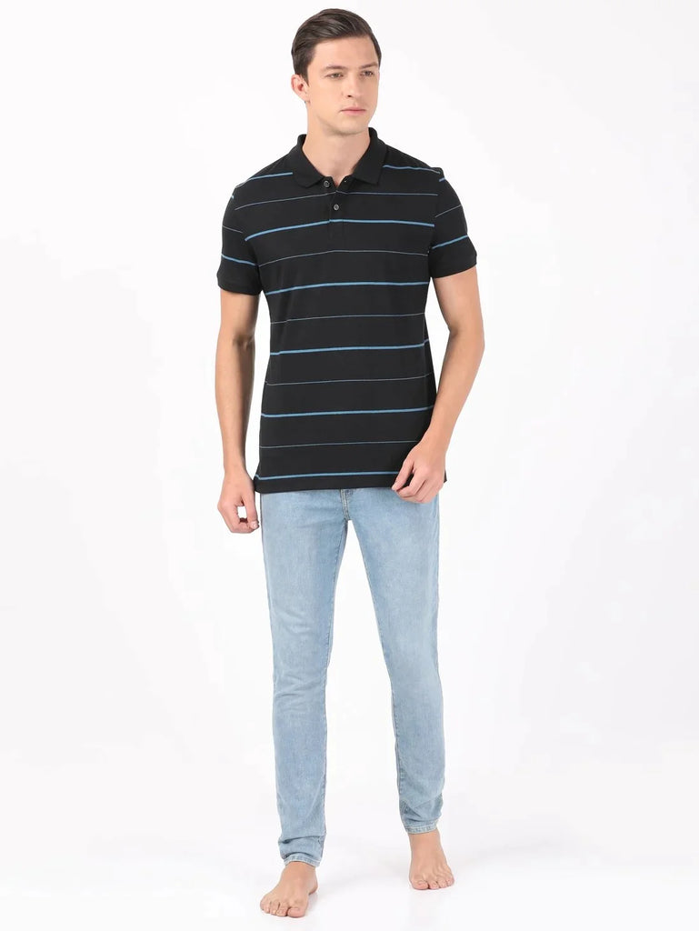 Black & Stellar JOCKEY Men's Cotton Rich Striped Half Sleeve Polo T-Shirt