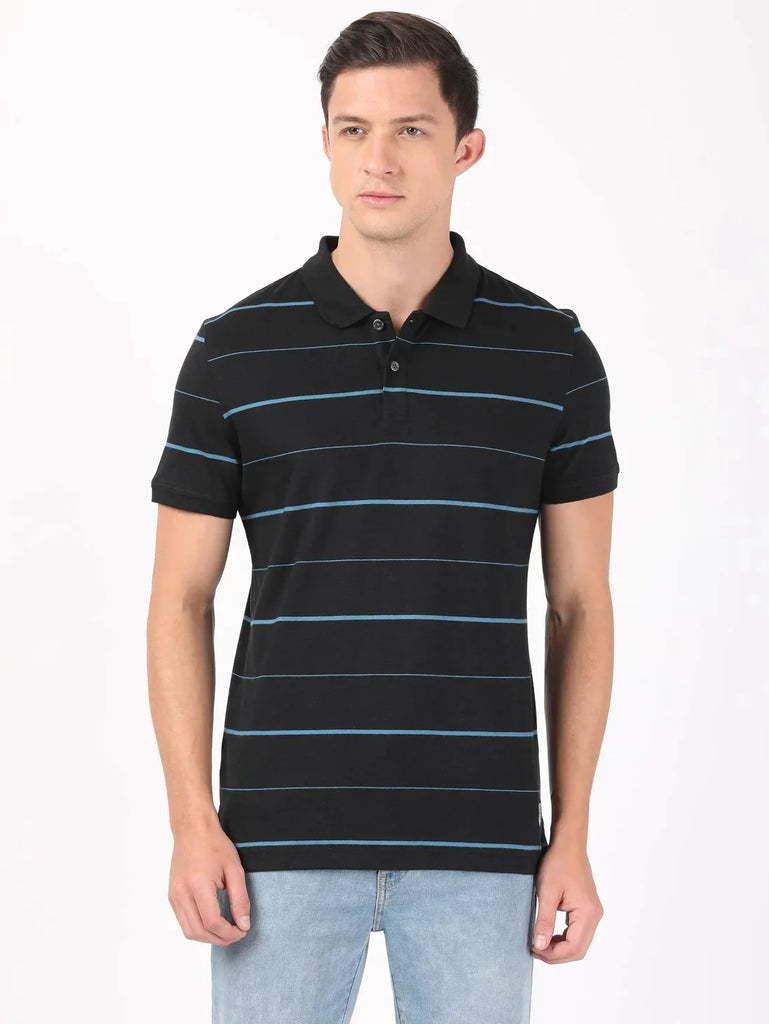 Black & Stellar JOCKEY Men's Cotton Rich Striped Half Sleeve Polo T-Shirt