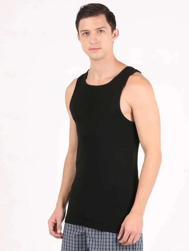 Black Jockey Cotton Rib Square Neck Sleeveless Vest for Men