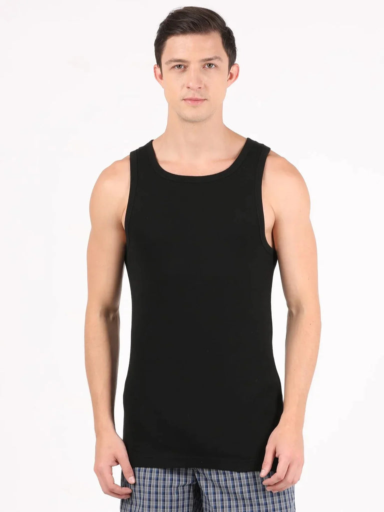 Black Jockey Cotton Rib Square Neck Sleeveless Vest for Men