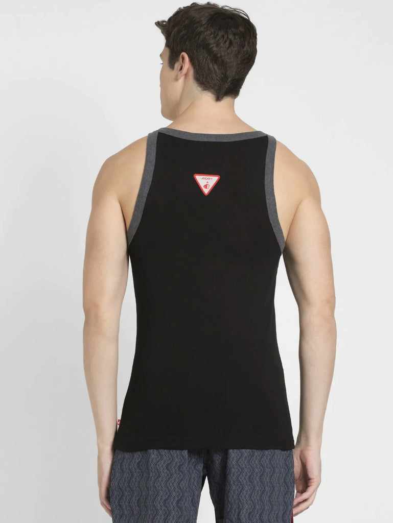 Black & Charcoal Melange Jockey Cotton Rib Square Neckline Gym Vest for Men