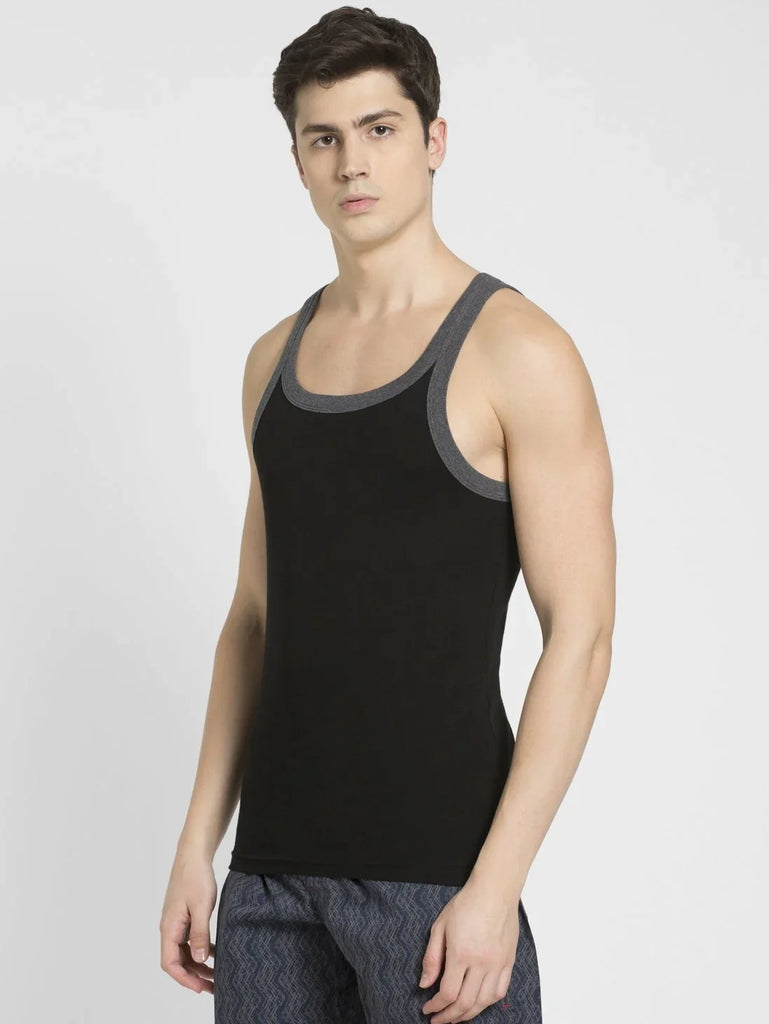 Black & Charcoal Melange Jockey Cotton Rib Square Neckline Gym Vest for Men