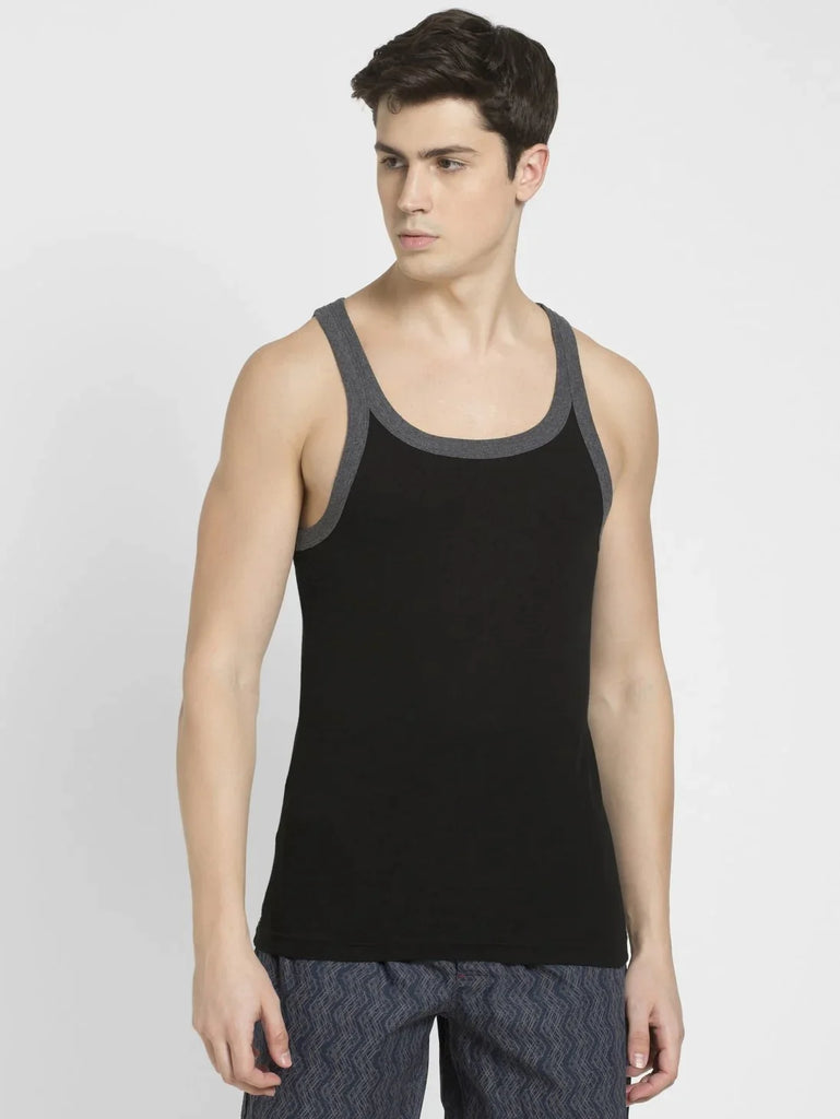 Black & Charcoal Melange Jockey Cotton Rib Square Neckline Gym Vest for Men