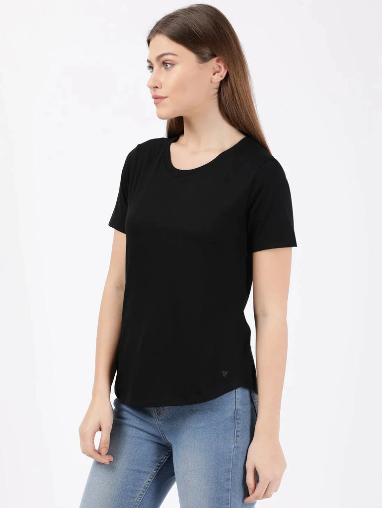 Black JOCKEY Women's Relaxed Solid Curved Hem Style Half Sleeve T-Shirt